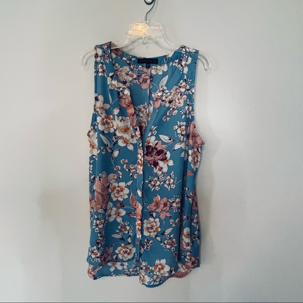 Womens size L 100% polyester tank top sleeve Smokey blue with pink flowers